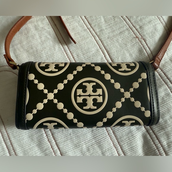 Tory Burch T Monogram Embossed Wallet Crossbody Bag Green Brown GeometricPattern - Picture 12 of 16